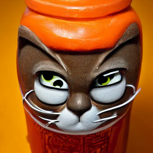 Image similar to a closeup photorealistic photograph of an orange cat garfield style tiki mug sitting at a trader vic's bar featuring garfield's face. tiki party. bright scene. fine detail. this 4 k hd image is trending on artstation, featured on behance, well - rendered, extra crisp, features intricate detail, epic composition and the style of unreal engine.