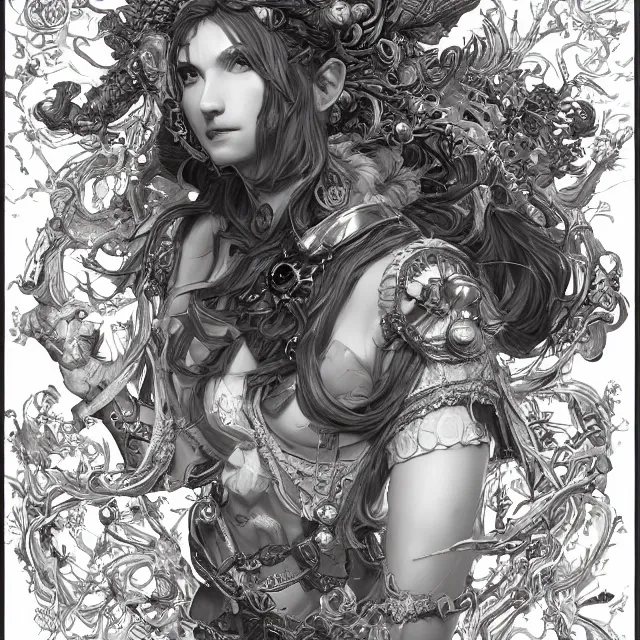 Image similar to the portrait of chaotic good female druid alchemist as absurdly beautiful, gorgeous, elegant, young gravure idol, an ultrafine hyperdetailed illustration by kim jung gi, irakli nadar, intricate linework, sharp focus, bright colors, octopath traveler, final fantasy, unreal engine 5 highly rendered, global illumination, radiant light, detailed and intricate environment