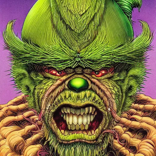 Image similar to portrait of crazy grinch, symmetrical, by yoichi hatakenaka, masamune shirow, josan gonzales and dan mumford, ayami kojima, takato yamamoto, barclay shaw, karol bak, yukito kishiro