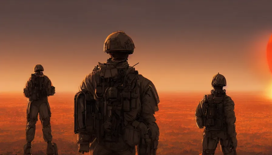 Prompt: back view of soldiers watching huge nuclear explosion in the horizon over washington dc, hyperdetailed, artstation, cgsociety, 8 k