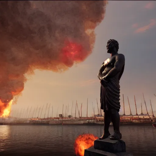 Prompt: large statue of a god standing in harbor, in flames, in a harbor, an ancient city on fire in the background, heavy smoke, unreal engine