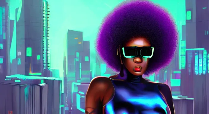 Prompt: cyberpunk black woman with afro hair, rio de janeiro!! on the background, blue and purple digital art trending on artstation, atmospheric lighting, artgerm