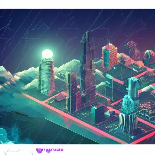 Image similar to a low-poly isometric digital matte painting of a large and dramatic nuclear blast cloud above a urban cyberpunk nighttime city skyline, vaporwave, #isometric