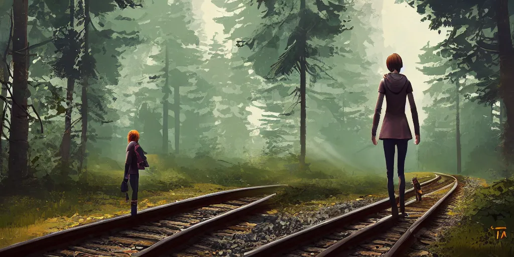 Prompt: an environmental concept art of life is strange, a single girl walking on train tracks in the woods, highly detailed, environmental light, cinematic by francis tneh