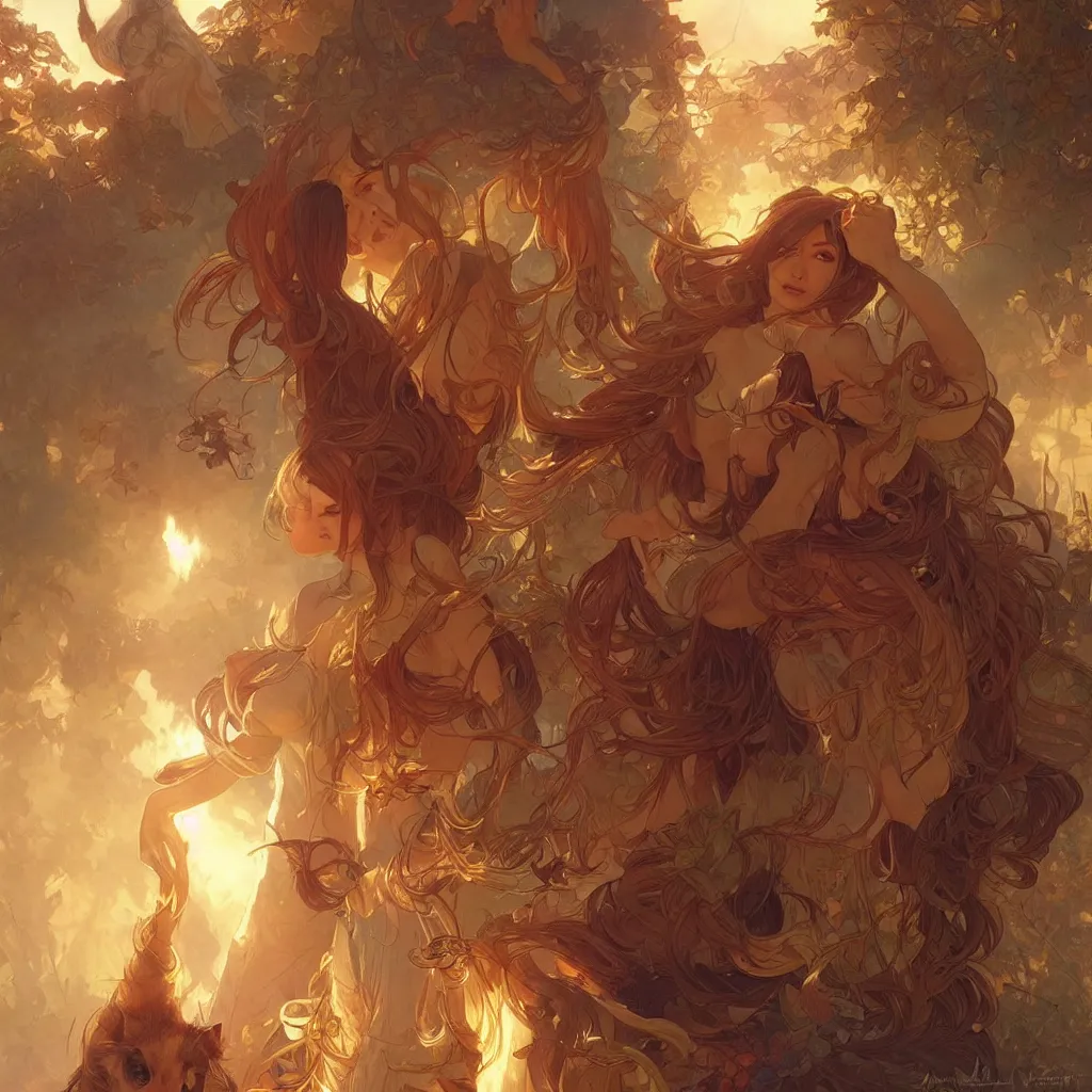 Prompt: many cute fluffy caracals, fire, magic, fantasy epic legends stylized digital illustration radiating a glowing aura global illumination ray tracing hdr fanart arstation, 8 k, art by artgerm and greg rutkowski and alphonse mucha