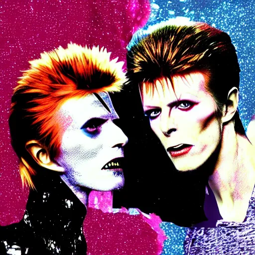 Image similar to david bowie from china girl getting a piggy back ride from ziggy stardust, digital art, glam rock. pop art background.