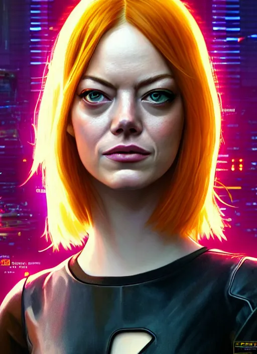 Image similar to portrait of Emma Stone as an actress character in Cyberpunk 2077, looking at camera, intricate, long blond hair, elegant, sci-fi, extremely detailed, digital painting, artstation, concept art, smooth, sharp focus, illustration, ambient lighting, incredible art by artgerm and greg rutkowski and alphonse mucha and simon stalenhag