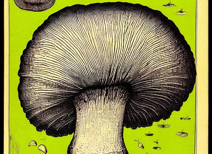 Image similar to Lenin mushroom head!!!, made by Wenceslas Hollar and Ernst Haeckel in vintage Victorian England colourised print style with saturated colours