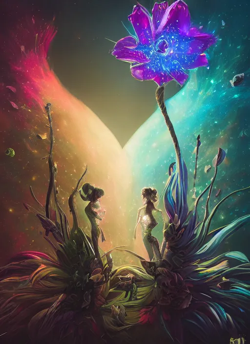 Image similar to An epic fantastic realism comic book style painting of the most beautiful entwined flowers launched across the dark galactic night sky, nebulous bouquets, fisheye lens, unreal 5, DAZ, hyperrealistic, octane render, dynamic lighting