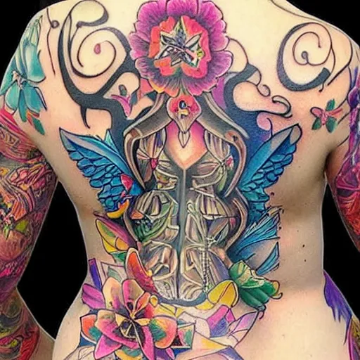 Image similar to tattoo along female back, epic, colorful, beautiful, intricate detail