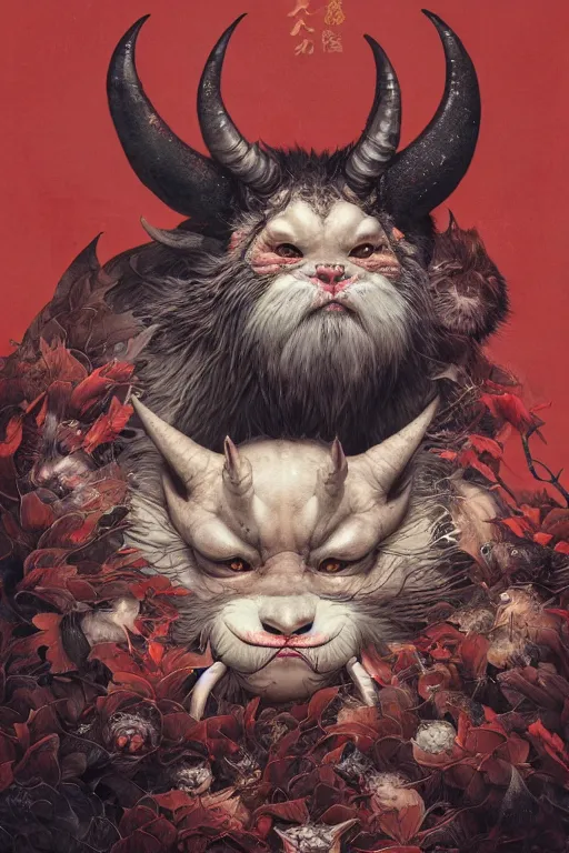 Image similar to a portrait of a japanese devil animal illustrated by miyazaki by karol bak, james jean, tom bagshaw, rococo, sharp focus, trending on artstation, cinematic lighting, hyper realism, octane render, 8 k, hyper detailed, vivid, ultra detailed, highly detailed