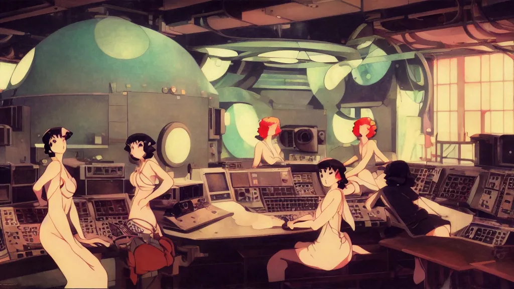 Prompt: a film still of a 1 9 3 0's anime girls in the control room inside ufo, kandinski, full body mid shot, perfect art, trending on pixiv fanbox, painted by gaston bussiere, makoto shinkai, akihiko yoshida, craig mullins, studio ghibli