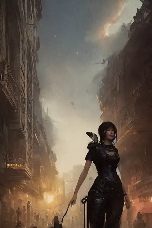 Image similar to a portrait of Jenifer Lawrence walking down the street of a steampunk city by Greg Rutkowski, Sung Choi, Mitchell Mohrhauser, Maciej Kuciara, Johnson Ting, Maxim Verehin, Peter Konig, final fantasy , mythical, 8k photorealistic, cinematic lighting, HD, high details, atmospheric,