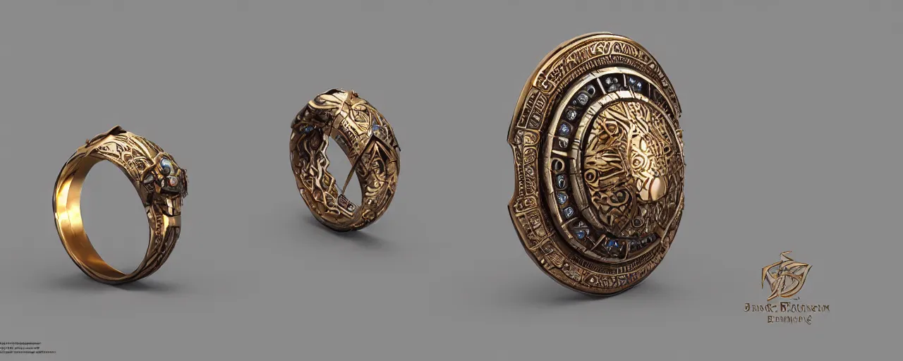 Image similar to simple ring with a shield ornament, ring, wood, gold, smooth shank, crystals, engravings, product design, jewelry, art by gerald brom, greg rutkowski and artgerm and james jean and zdzisław beksinski, 8 k, unreal engine, c 4 d