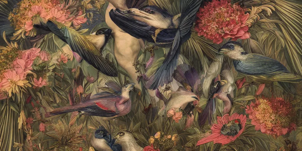 Prompt: breathtaking detailed concept art painting art deco pattern of birds amalmation blend of flowers and birds, by john james audubon, bizarre compositions, exquisite detail, extremely moody lighting, 8 k