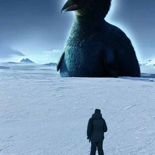 Prompt: Giant creature standing in Antarctica, beautiful, digital art, realistic, artstation