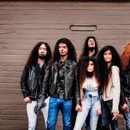 Prompt: Group of ethnically diverse 19-year-old boys and girls with long permed wavy brown hair and afros leather jacket and denim jeans, holding electric guitars, 2022, stoner rock, heavy rock, concert, live in concert, HD photography