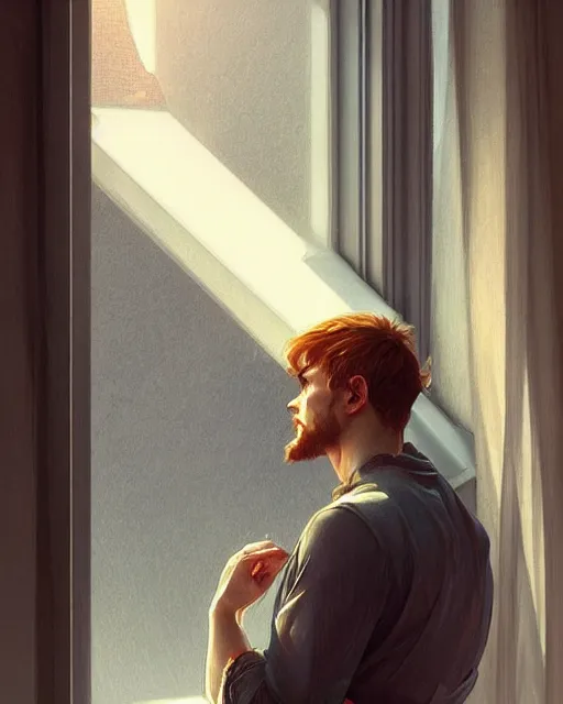 Image similar to attractive man looking out the window sadly, highly detailed, digital painting, artstation, concept art, smooth, sharp focus, illustration, art by artgerm and greg rutkowski and alphonse mucha