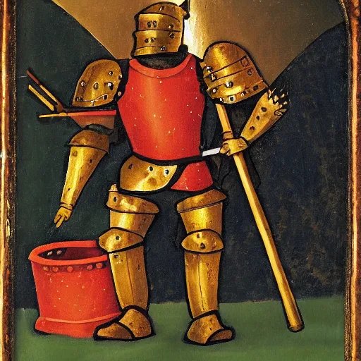 Image similar to one - armed medieval armored knight with bucket on his head, painting