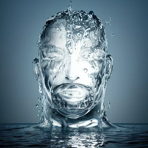 Image similar to water forming a shape of a human head, giant sculpture on the ocean water, water manipulation art, ray tracing, realistic water sharp focus, long shot, 8 k resolution, cinematic