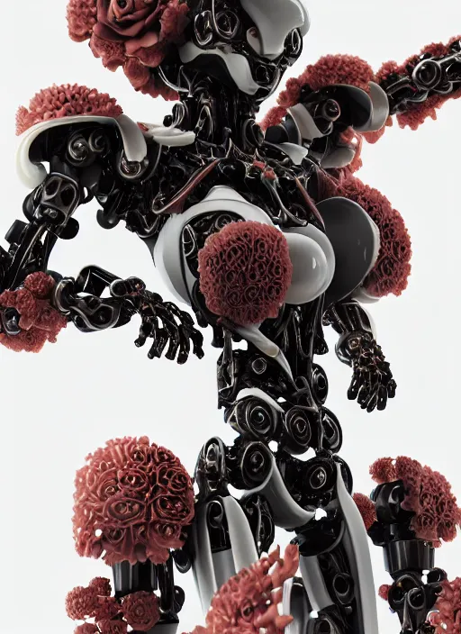 Image similar to biomechanical black mecha carrying perfume bottle enchanted coral kingdom made of corals, daisies, roses in an ivory room well contoured smooth fair walls, up close shot, sharp focus, global illumination, radiant light, alexandre ferra white mecha, irakli nadar, octane highly render, 4 k, ultra hd,