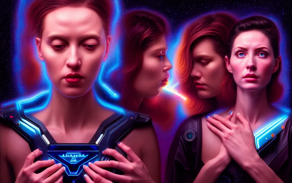 Image similar to Ladies in holograms of alien artifacts, electrical case display, total recall tech, , ultrarealistic, dramatic lighting, electrical details, high details, 4k, 8k, best, accurate, trending on artstation, artstation, photorealism, ultrarealistic, digital painting, style of Tristan Eaton Stanley Artgerm and Tom Bagshaw, Caravaggio,