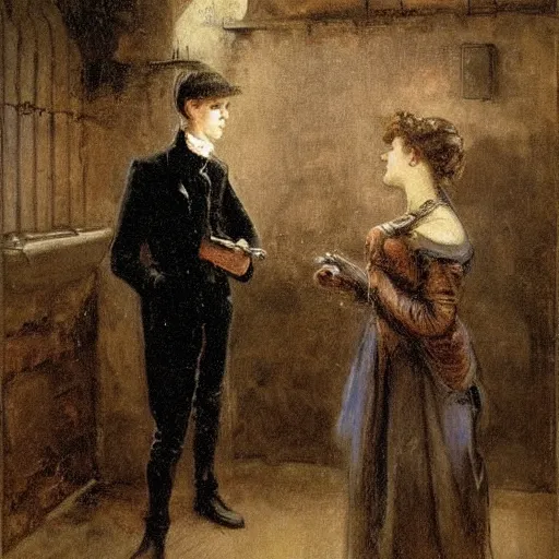 Image similar to young victorian man and woman solving a riddle in a dungeon, by alfred stevens