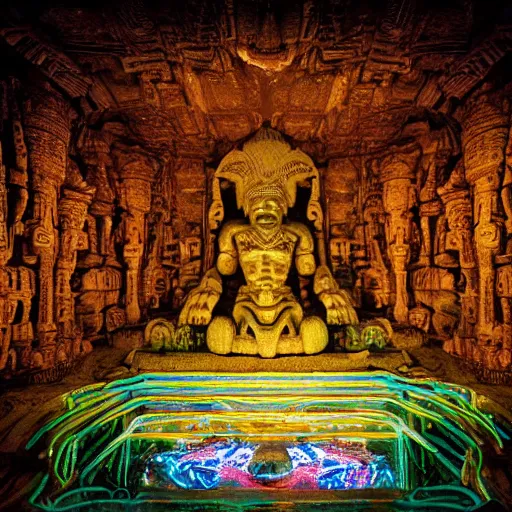 Prompt: photo, inside a massive huge cavernous ancient alien african indian stone overgrown temple with intricate detailed beautiful carvings, a giant huge massive statue of a ancient alien king sitting in a pool of moonlight, low fog and haze, colorful glowing neon tubes, long strips of shiny reflective aluminum, glowing orbs