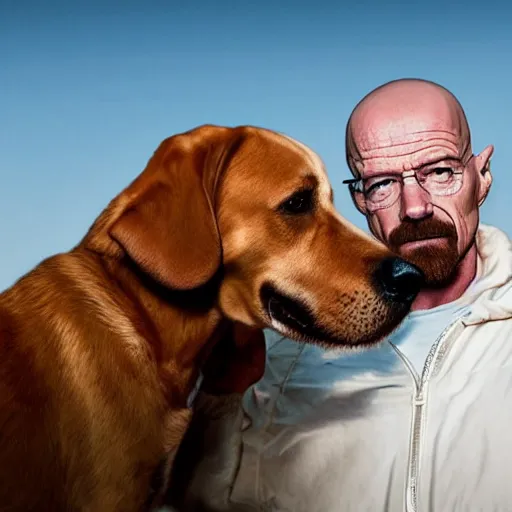 Image similar to Walter White and his trusty hound 4k photography award-winning footage, dramatic