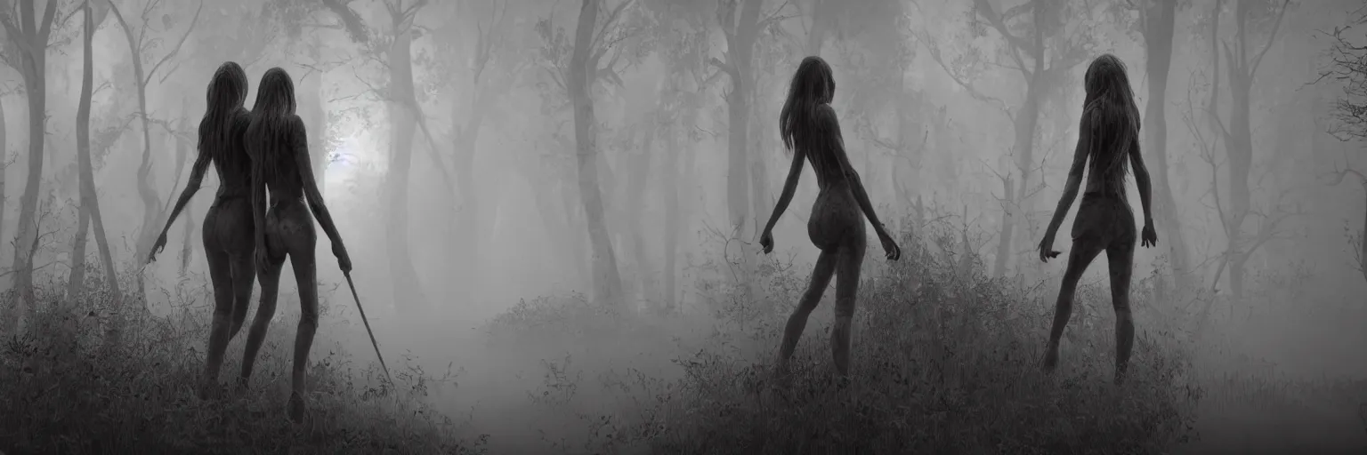 Image similar to epic fantasy render of a two beautiful skinny women in fog, long dark hairs, detailed anatomy, woods, black and white, highly detailed, cinematic, hyperrealism, dynamic lighting, octane render