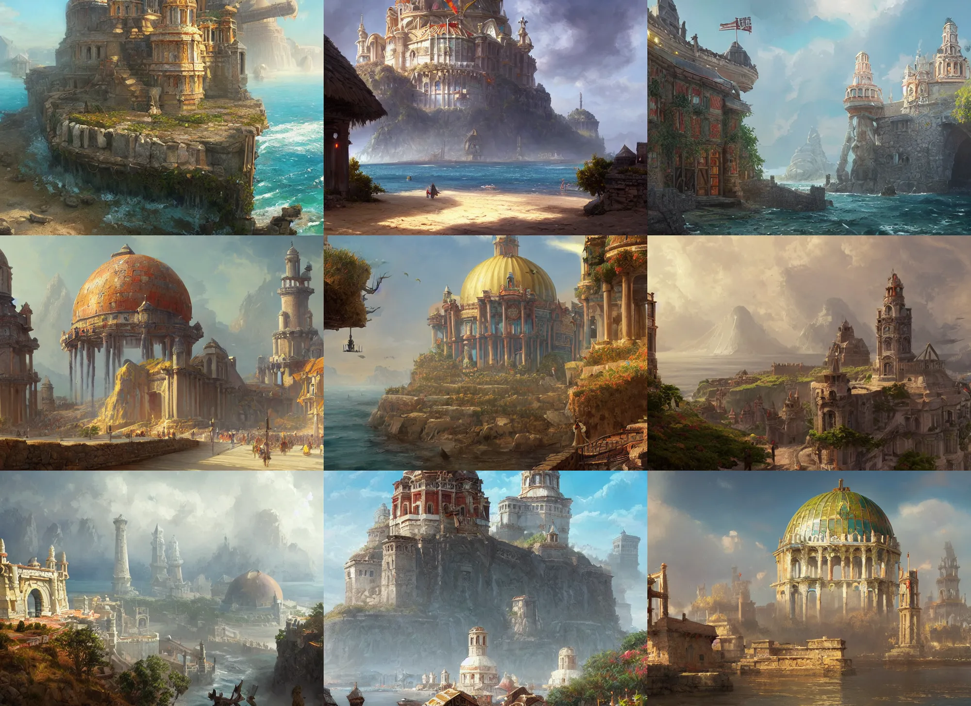 Prompt: Tholos, sprawling ocean city with islands along a great bay, short, buildings made of wide domes interspersed with tall spires and decorated with colorful banners, a fantasy digital painting by Greg Rutkowski and James Gurney, trending on Artstation, highly detailed