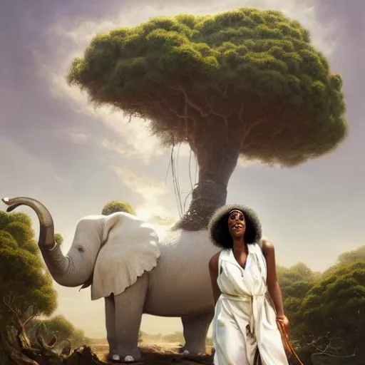 Prompt: a black girl with afro puffs wearing a white robe riding a giant steampunk elephant in a black sand oasis with an acacia tree, by greg rutkowski and android jones, oil on canvas, 8k hd,