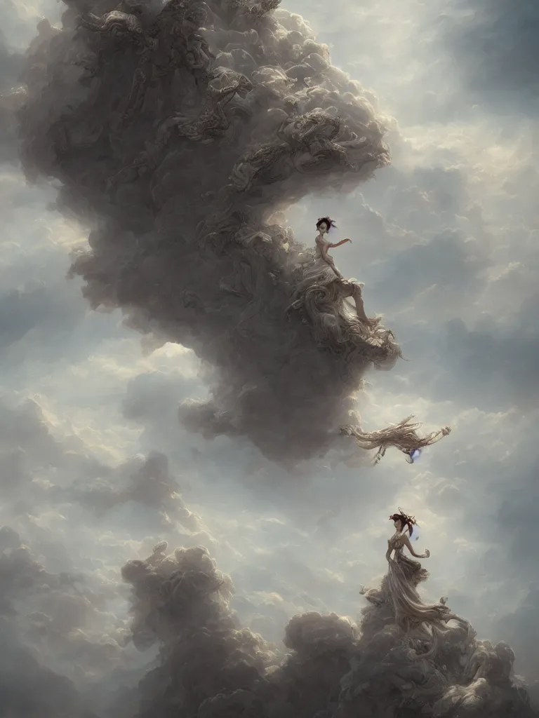 Image similar to fashion model in the clouds, made out of clouds, dramatic, intricate, elegant, highly detailed, digital painting, artstation, concept art, smooth, sharp focus, illustration, art by gustave dore, octane render, in the style of peter mohrbacher