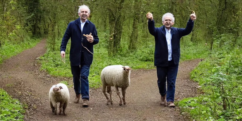 Image similar to going for a walk in the country eating leaves in the forest long arms. really long arms. very long arms, arms. alan sugar with really long arms holding some pastry pets. long arms. stretched limbs. pastry sheep, pastry lizard