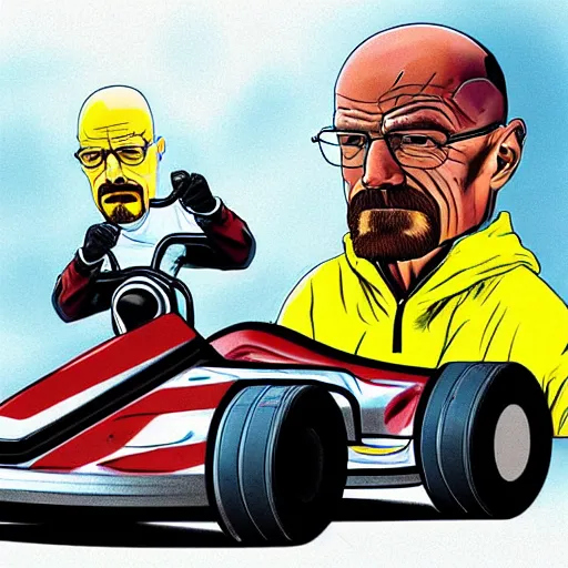 Prompt: Walter White go-karting with Jessie Pinkman, Breaking Bad concept art