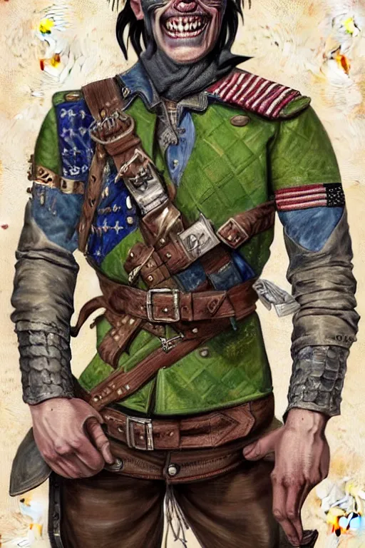 Image similar to 1 9 th century style portrait of a half orc with a bemused fanged smile on his face. dressed in a patchwork military uniform jacket with cut sleeves, runic arm tattoos, sharp focus, illustration, digital painting, art by magali villeneuve