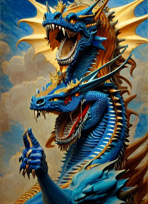 Image similar to artstation, intricate details, hyper details, by gaston bussiere and sandro botticelli, cute anthropomorphic blue dragon husband, snarling, furry