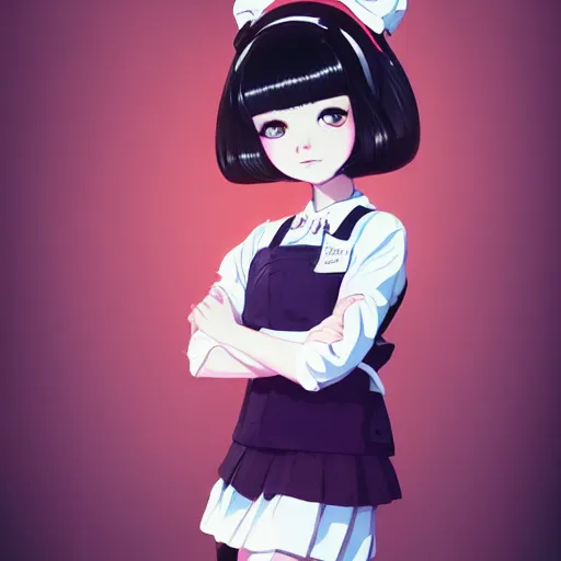 Image similar to portrait of brunette girl wearing maid uniform by ilya kuvshinov and anna dittmann and studio ghibli and wlop and rossdraws, digital art, trending on artstation, anime arts, featured on pixiv, purple lighting, hd, 8 k, highly detailed, good lighting, beautiful, epic, masterpiece, nazi chiq