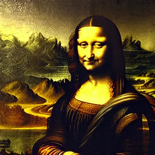 Image similar to a photo of Monalisa while painting a portrait of Leonardo Da Vinci,