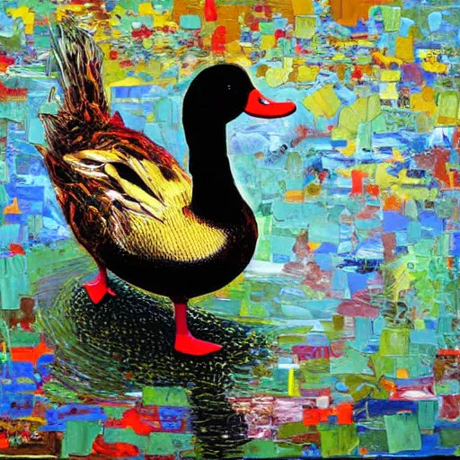 Prompt: a duck on the prowl oil painting vik muniz