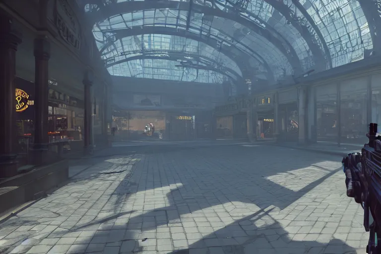 Prompt: first person point of view of a gunner on a victorian shopping mall, cinematic lightning, ray tracing, unreal engine 5, photorealistic, 8 k, uhd, 4 k, call of duty game concept, extremely detailed, beautiful, elegant, intricate, foggy, in - game footage