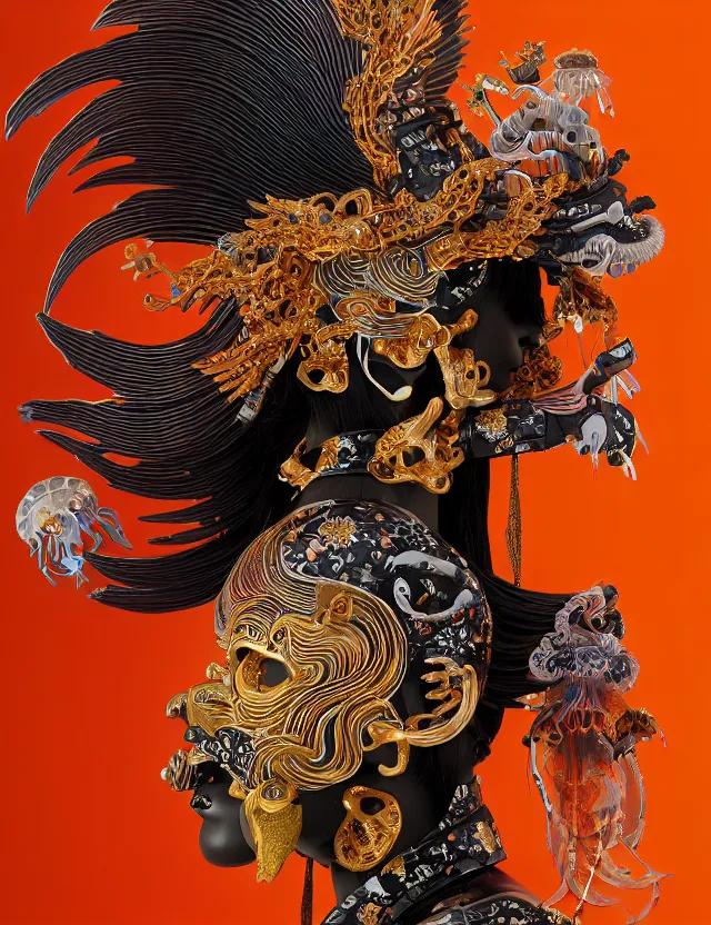 Image similar to 3 d goddess close - up profile portrait biomechanics with ram skull. beautiful intricately detailed japanese crow kitsune mask and clasical japanese kimono. betta fish, jellyfish phoenix, bio luminescent, plasma, ice, water, wind, creature, artwork by tooth wu and wlop and beeple and greg rutkowski. gold black teal and orange color scheme