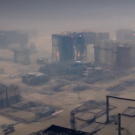 Prompt: an aerial view of an abandoned industrial terrain with giant nuclear plants and cooling towers, night time, shot from the blade runner 2049 movie, moody, dark, foggy