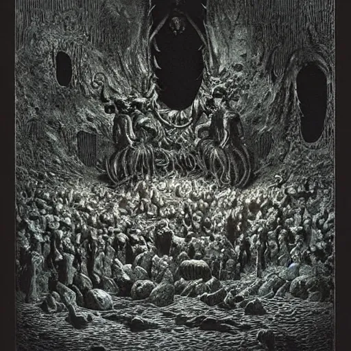 Prompt: Fish men worship a statue of Cthulu in a dark cave. D&D. Beksinski, Peter Mullen.