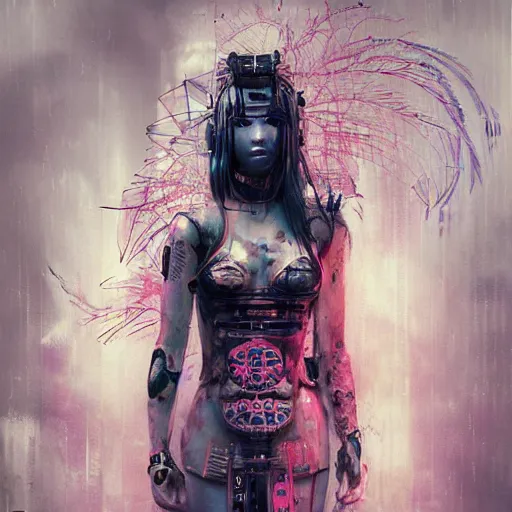 Image similar to cyberpunk geisha warrior by cy Twombly and BASTIEN LECOUFFE DEHARME, iridescent fractal, high tech