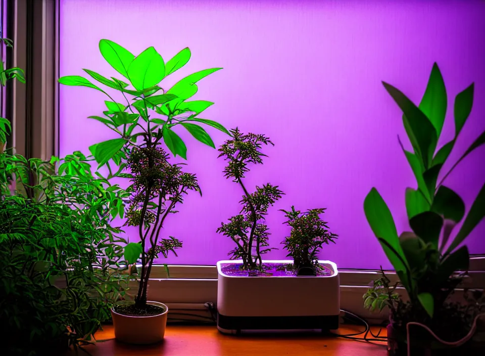 Image similar to telephoto 7 0 mm f / 2. 8 iso 2 0 0 photograph depicting a single purple alien jungle plant in a cosy cluttered french sci - fi ( art nouveau ) cyberpunk apartment in a pastel dreamstate art cinema style. ( computer screens, window ( city ), leds, lamp, ( ( ( aquarium bed ) ) ) ), ambient light.