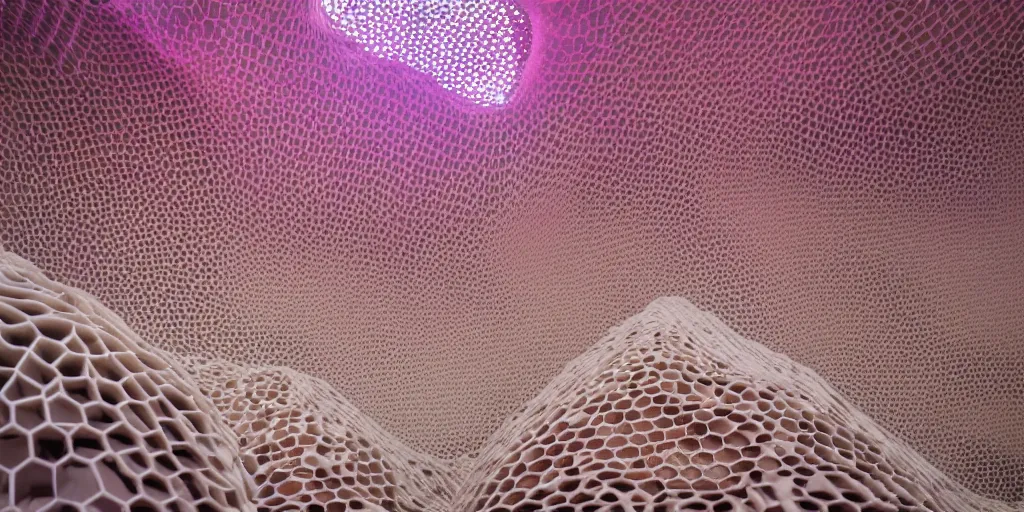 Image similar to biomorphic honeycomb building by ernesto neto, light - mint with light - pink color, 4 k, insanely quality, highly detailed, film still from the movie directed by denis villeneuve with art direction by zdzisław beksinski, telephoto lens, shallow depth of field