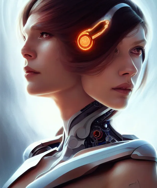 Prompt: futuristic woman Cyborg portrait, sci-fi, amber eyes, face, long hair, fantasy, intricate, elegant, highly detailed, digital painting, artstation, concept art, smooth, sharp focus, illustration, art by artgerm and greg rutkowski and alphonse mucha