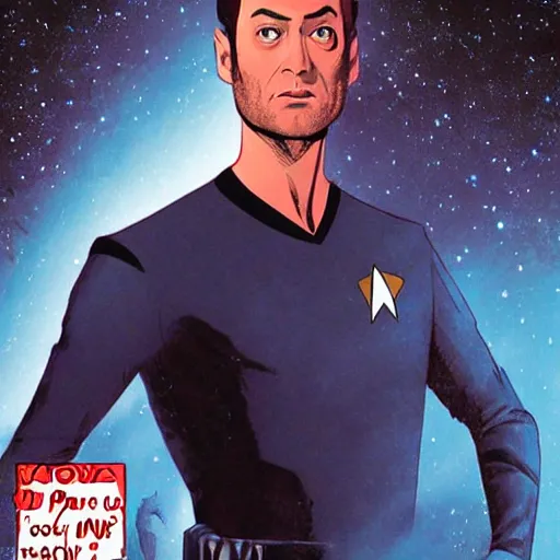 Prompt: Jude Law as a Star Trek captain, comic book art