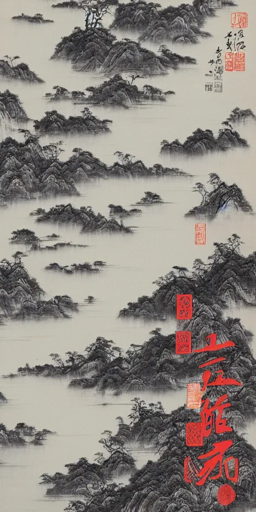 Prompt: Environmental shot, Beautiful!!!!! chinese ink-wash painting of a river!!!, beautiful brush strokes, red ink, birds flying , shui mo hua by Wang Mingming !!!, highly intricate